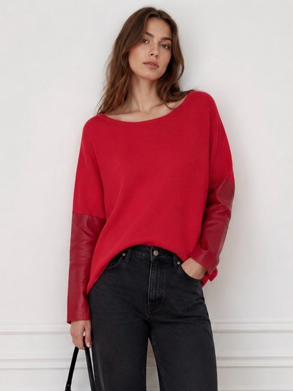 Maje Wool Silk Sweater Lamb Leather Sleeve Red Oversized Boxy Size 1 US Small